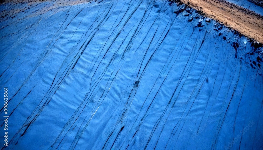 Aufkleber a close-up view blue surface with a series of vertical lines or tracks, likely created by a vehicle or other object The top of slightly blurred,