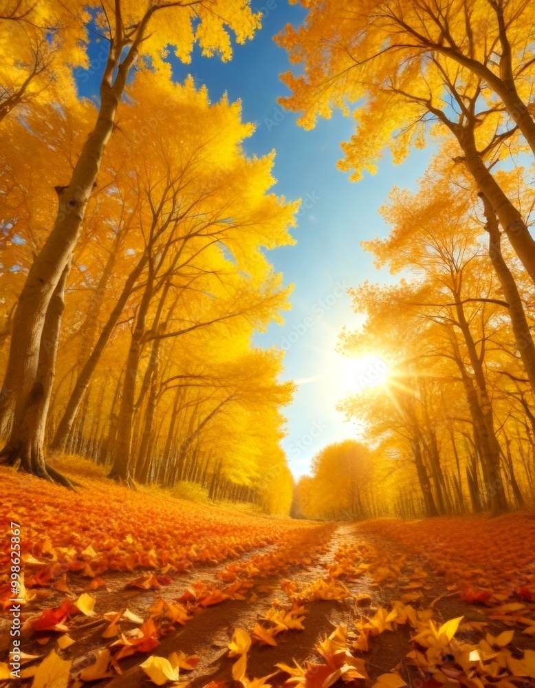 Poster a picturesque autumn scene unfolds as a sunlit path meanders through a forest of trees adorned with 