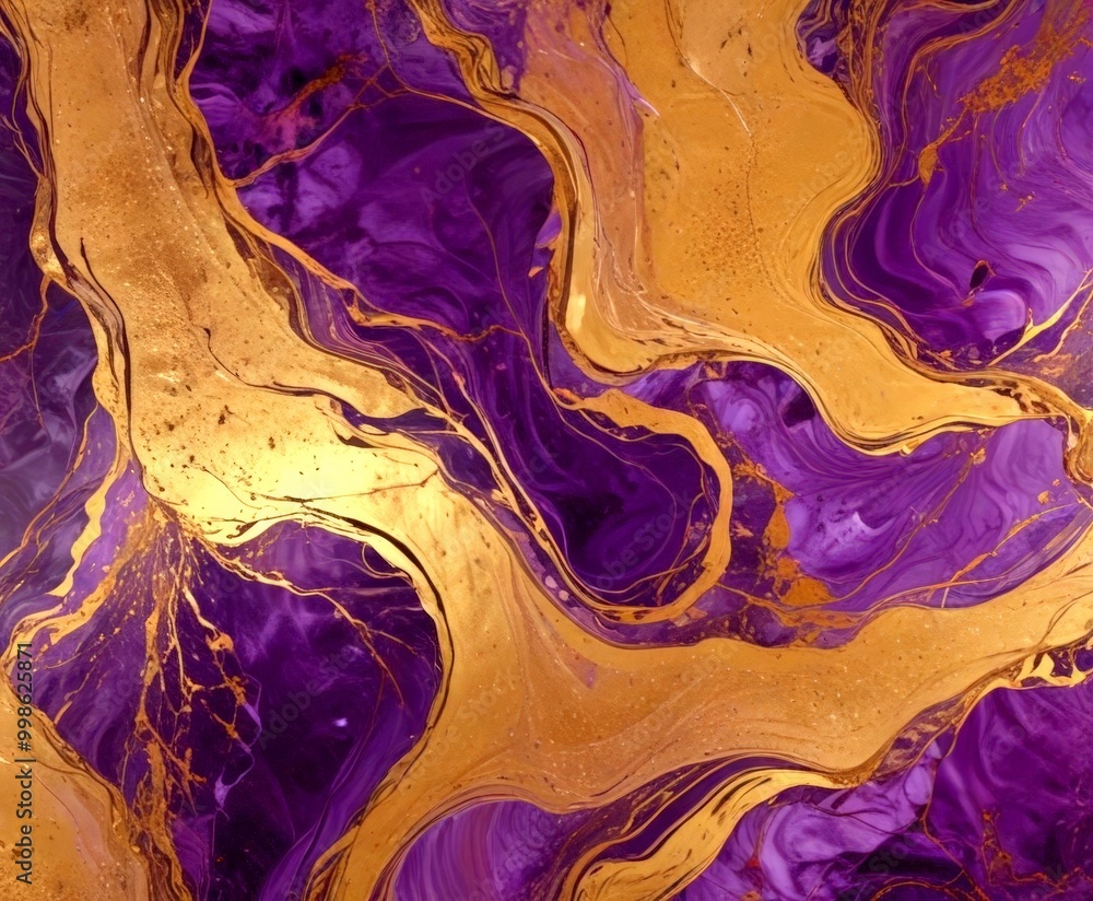 Poster a striking abstract pattern with swirling lines and swirls of gold and purple colors, creating a sen