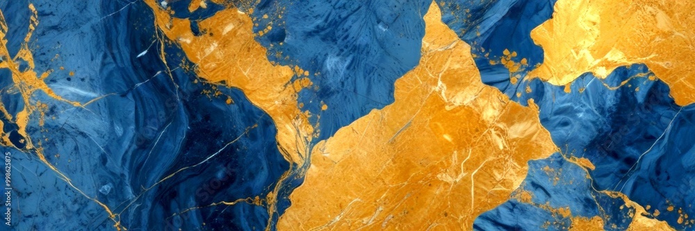 Poster a close-up view marble surface with a striking pattern of blue and gold hues the marble exhibits a t