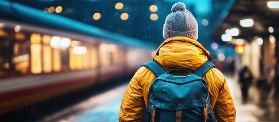 Obraz premium A person in a yellow jacket and blue backpack stands on a train platform, waiting for a train in a snowy evening.