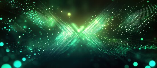 Fototapeta premium Abstract glowing green light lines and particles background with a blurry glow.