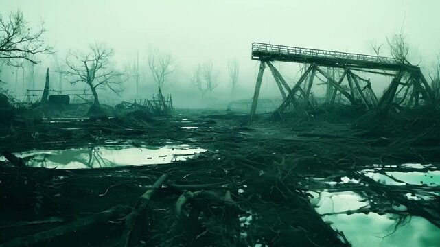 Spooky, post apocalyptic scene with toxic waste, rusty debris, and eerie green fog, showing the dangers of pollution and neglecting nature