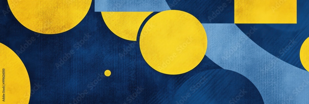 Aufkleber blue and yellow background with geometric shapes, including circles and lines generative ai