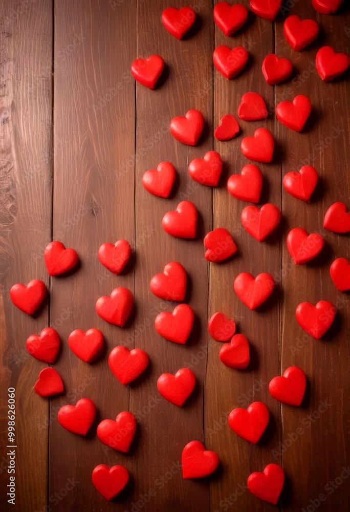 Aufkleber a collection of red heart-shaped objects scattered across a wooden surface, creating a visually appe