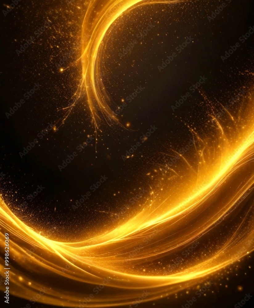 Poster a dynamic, swirling pattern of golden light and particles against a dark background, creating a sense of movement and energy