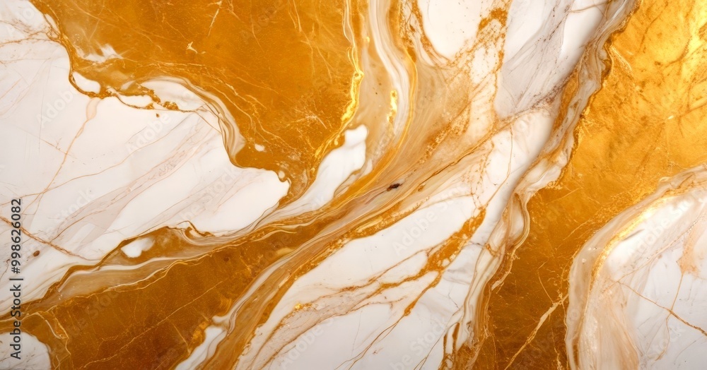 Poster a close-up view marble surface with a swirling pattern of gold and white hues, creating a sense of movement and depth