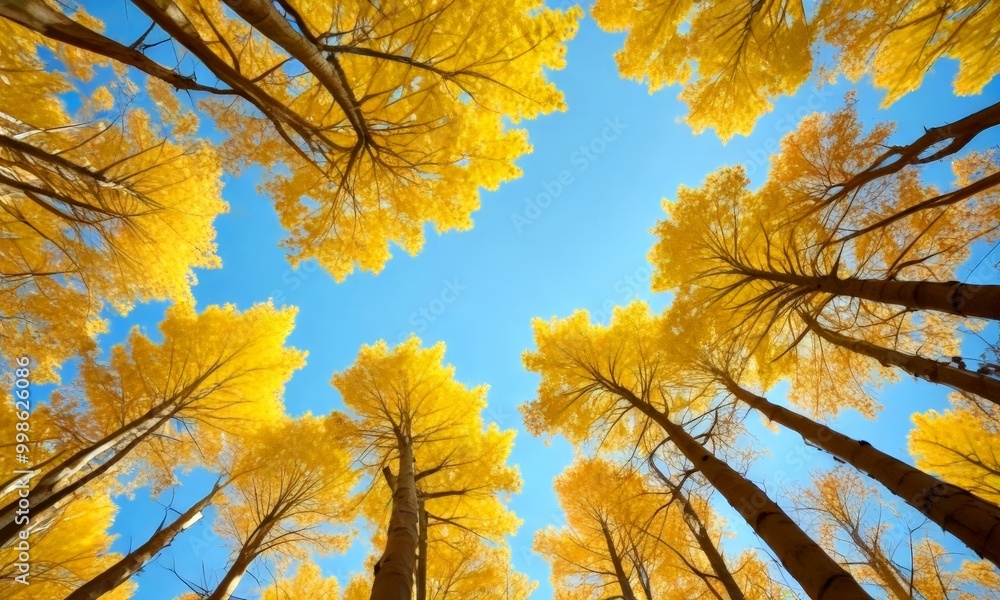 Aufkleber a vibrant autumn scene unfolds as the viewer's gaze is drawn upwards towards a clear blue sky, frame