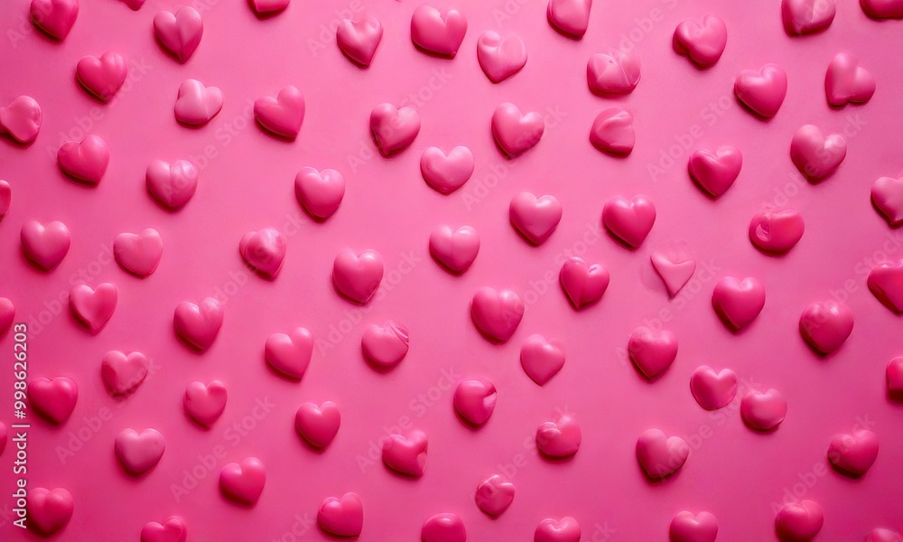 Poster a pattern of pink heart-shaped candies arranged in a grid-like layout on a pink background