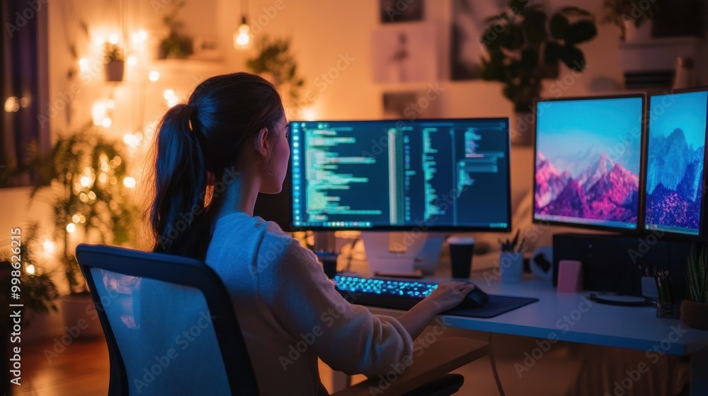 Poster a person coding at a desk with multiple monitors in a cozy, illuminated workspace.