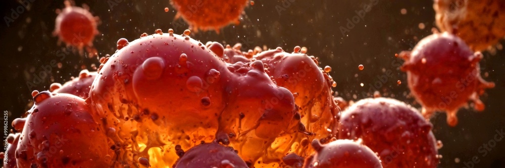 Poster a close-up view cluster of red, spherical cells with a bumpy, textured surface, resembling a cluster of bacteria or viruses