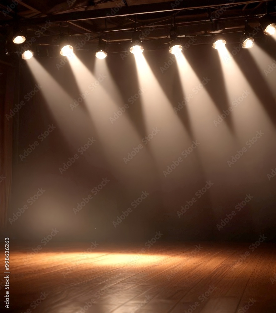 Poster A dimly lit stage with a wooden floor and a row of spotlights shining down on it, creating a dramatic and atmospheric lighting setup