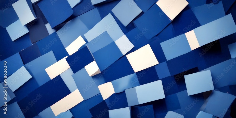 Poster a complex arrangement of overlapping blue and white cubes, creating a visually striking abstract pattern