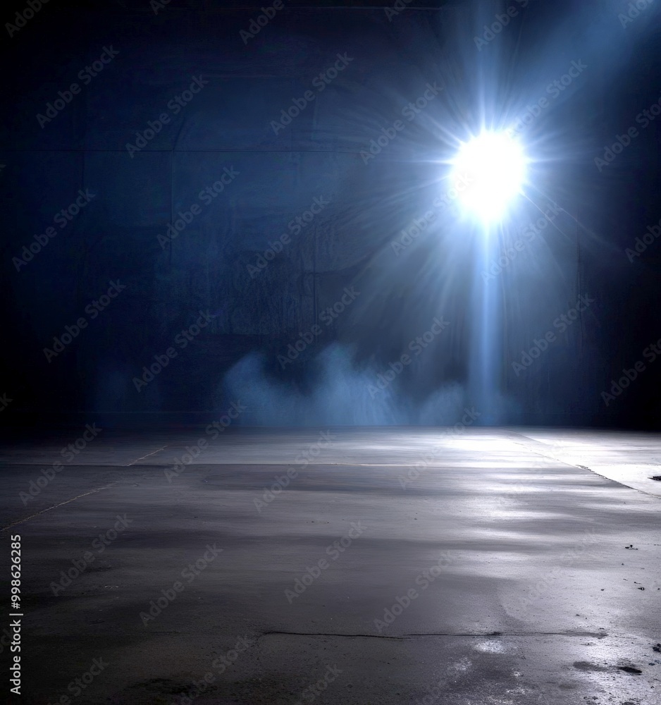 Poster a spotlight shines brightly in the center dark, empty room, casting a dramatic glow on the concrete 