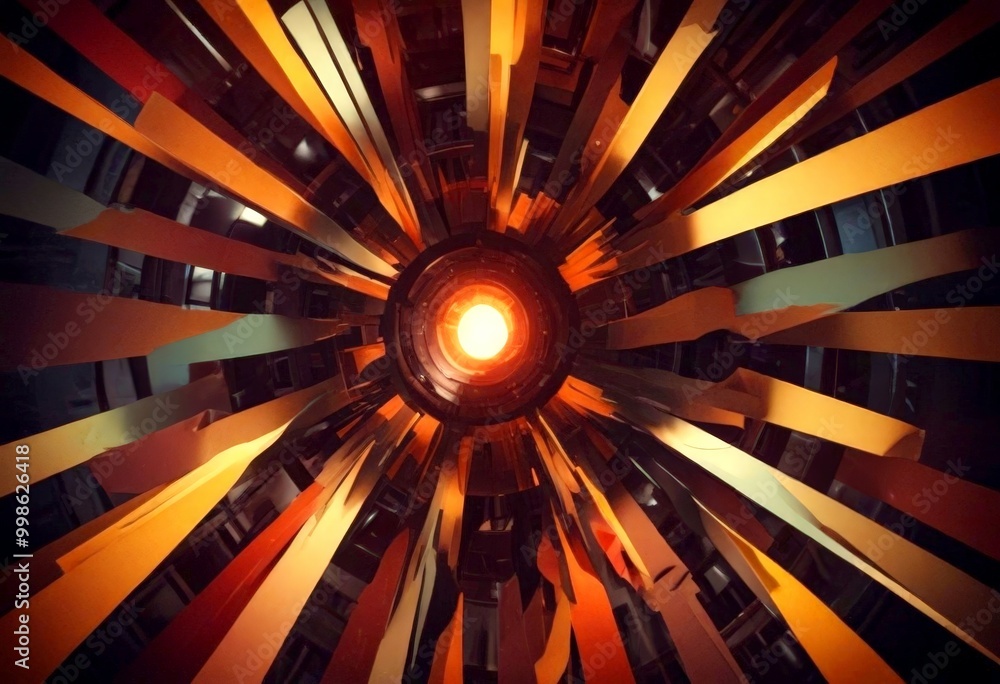 Fototapete a futuristic, abstract scene with a circular light source at the center, surrounded by radiating lines in various colors, creating a sense of depth and dimensionality