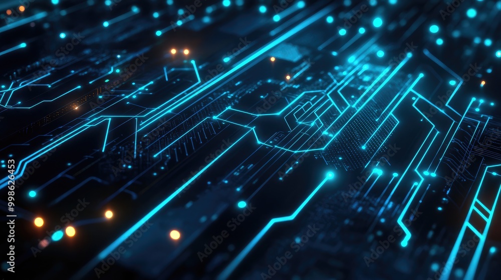Poster abstract computer technology background with glowing lines, futuristic circuit patterns, and digital