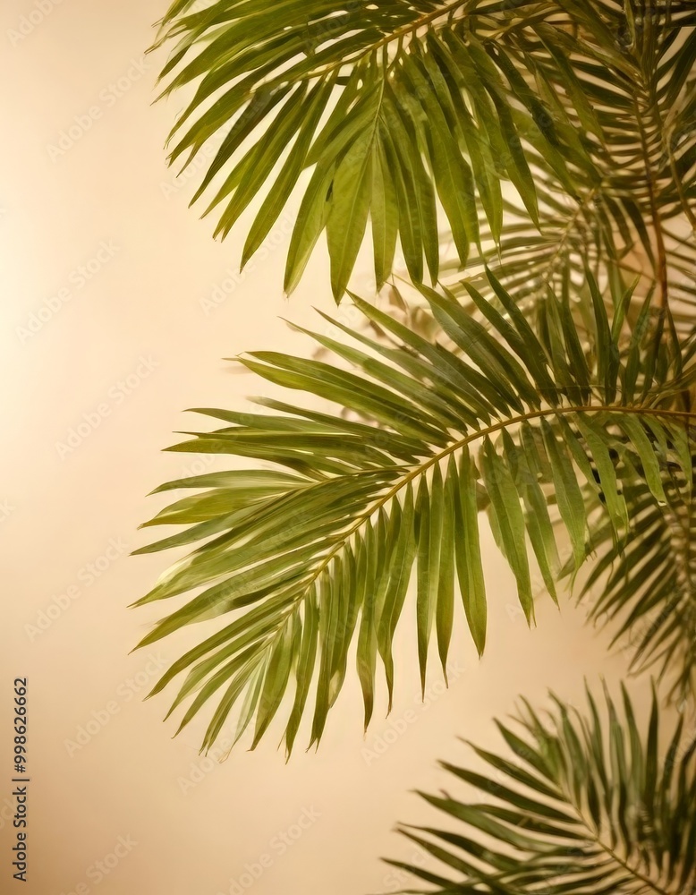 Poster a close-up view palm tree branch with its long, slender fronds against a light beige background