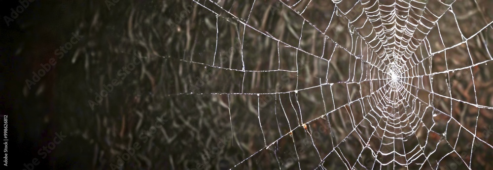 Poster A close-up view spider web, with its intricate structure and delicate strands, set against a dark background