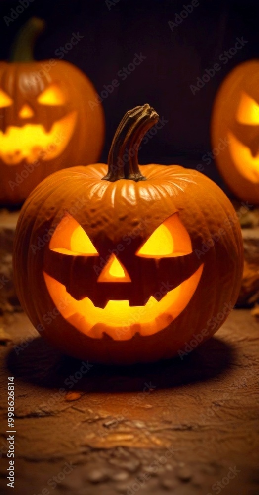 Poster three jack-o'-lanterns with carved faces are displayed on a dark surface, with the central one havin