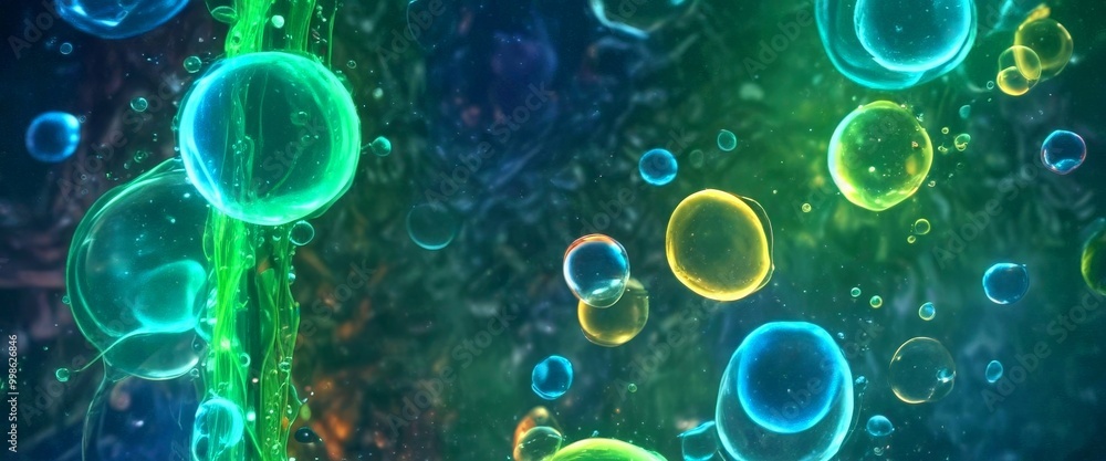 Poster a close-up view collection of colorful, spherical bubbles floating in a dark, blurry background