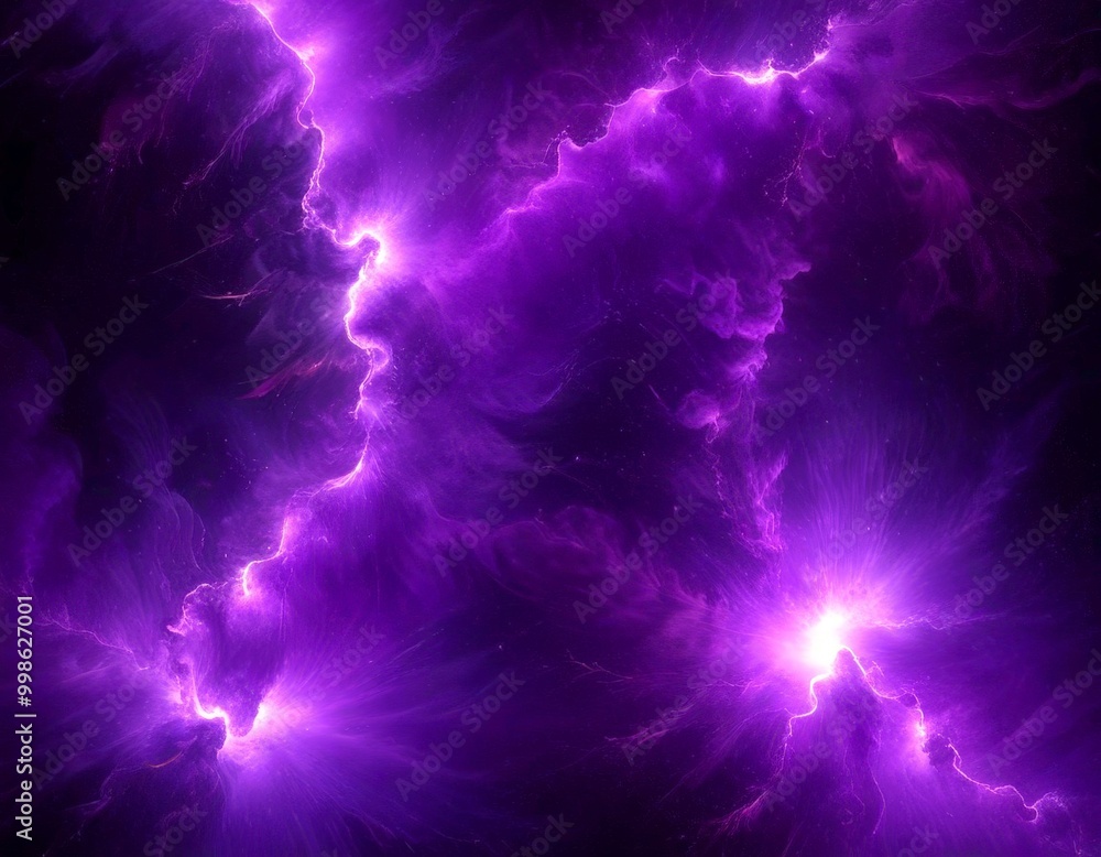 Poster a dynamic and energetic scene lightning storm, with vibrant purple and blue hues dominating the fram