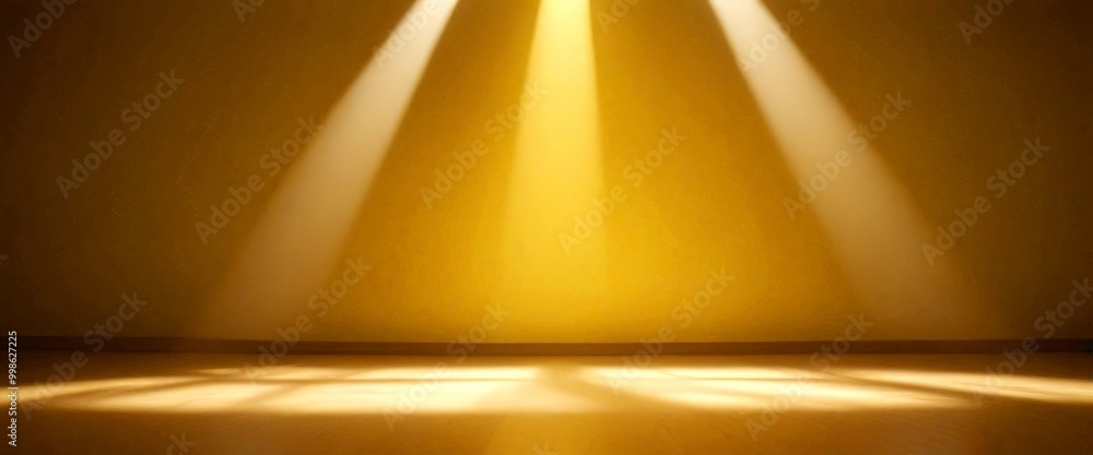 Poster a stage with a warm yellow background, three light beams shining down from the top left, and a woode