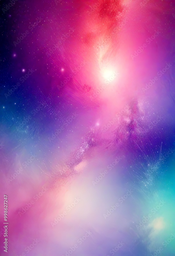 Poster a vibrant, abstract cosmic scene, with a gradient of colors transitioning from deep purple to soft p