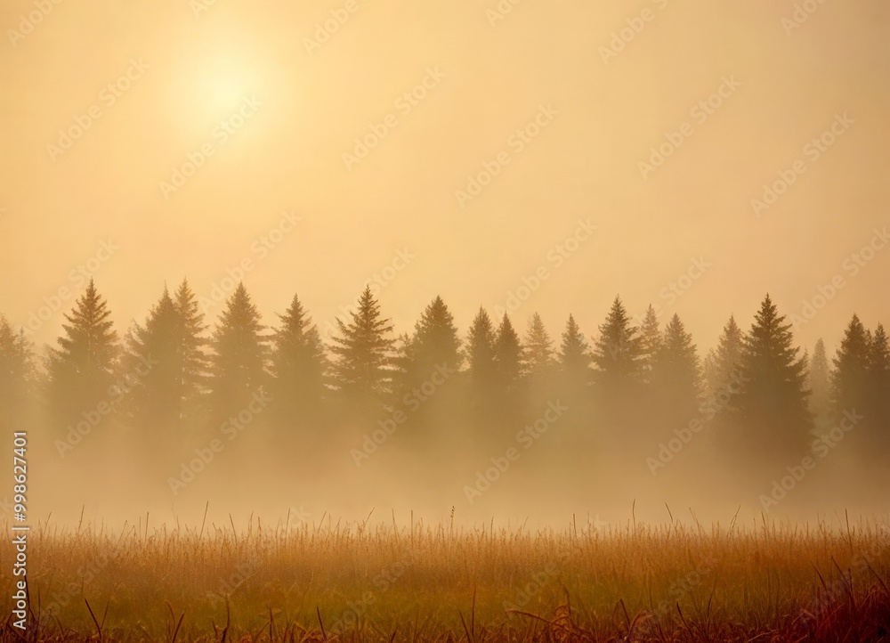 Poster A misty field with tall grass and a line of pine trees in the distance, under a hazy sky