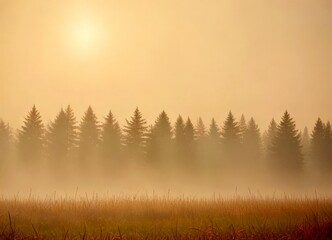 A misty field with tall grass and a line of pine trees in the distance, under a hazy sky