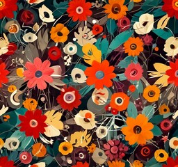 Naklejka premium a vibrant and colorful floral pattern composed of various flowers and leaves in shades of red, orange, yellow, and green