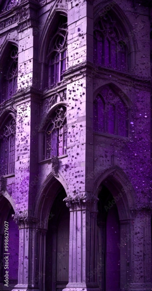Poster a close-up view stone building with arched windows and a purple-tinted exterior, creating a striking