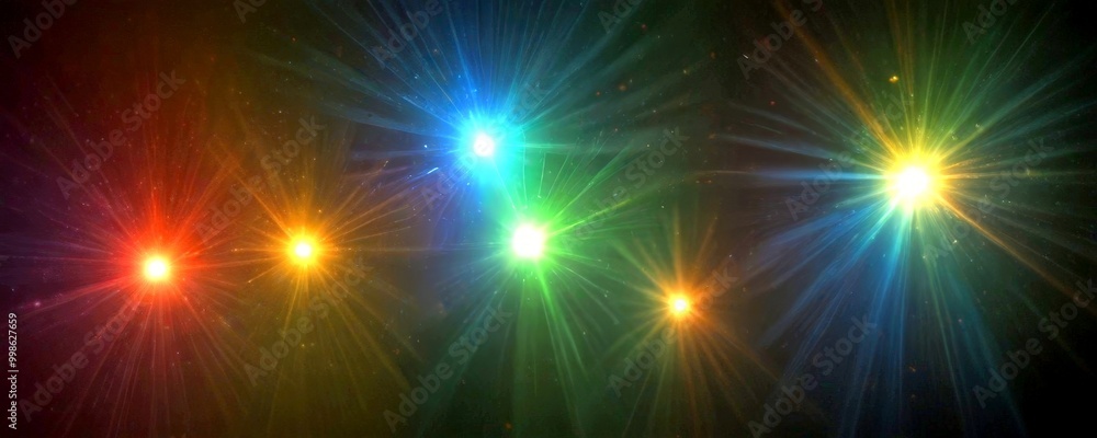 Poster a vibrant display of colorful lights, resembling a fireworks display or a starburst pattern, against
