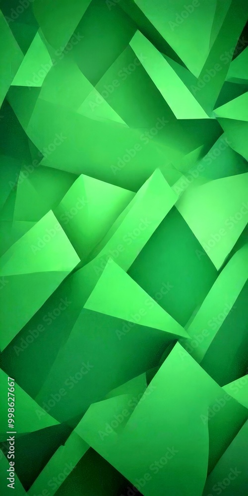 Poster a complex arrangement of overlapping triangular shapes in various shades of green, creating a visually striking abstract pattern