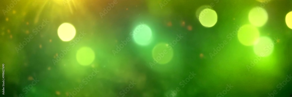 Poster a blurred green background with scattered white and yellow circles, resembling bokeh effects or a bokeh effect in a photograph