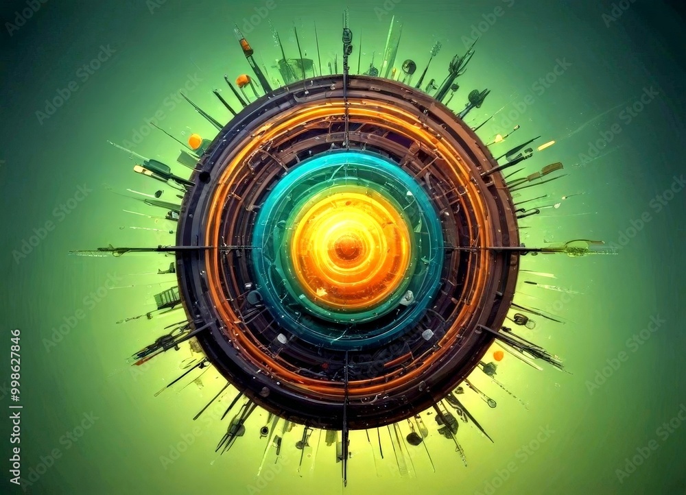 Poster a circular design with concentric circles and various objects, including a large orange circle at the center, surrounded by smaller circles and lines