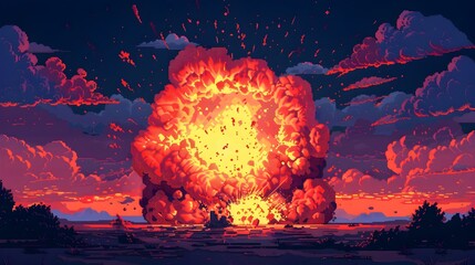 Explosive 8 Bit Pixel Art Bomb Blast in Retro Video Game Style Destruction