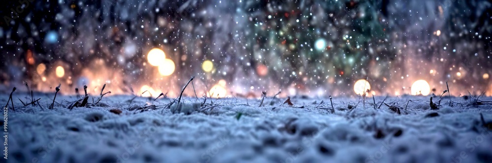 Poster a snowy landscape at night, with a blurred background of twinkling lights and a soft, diffused glow