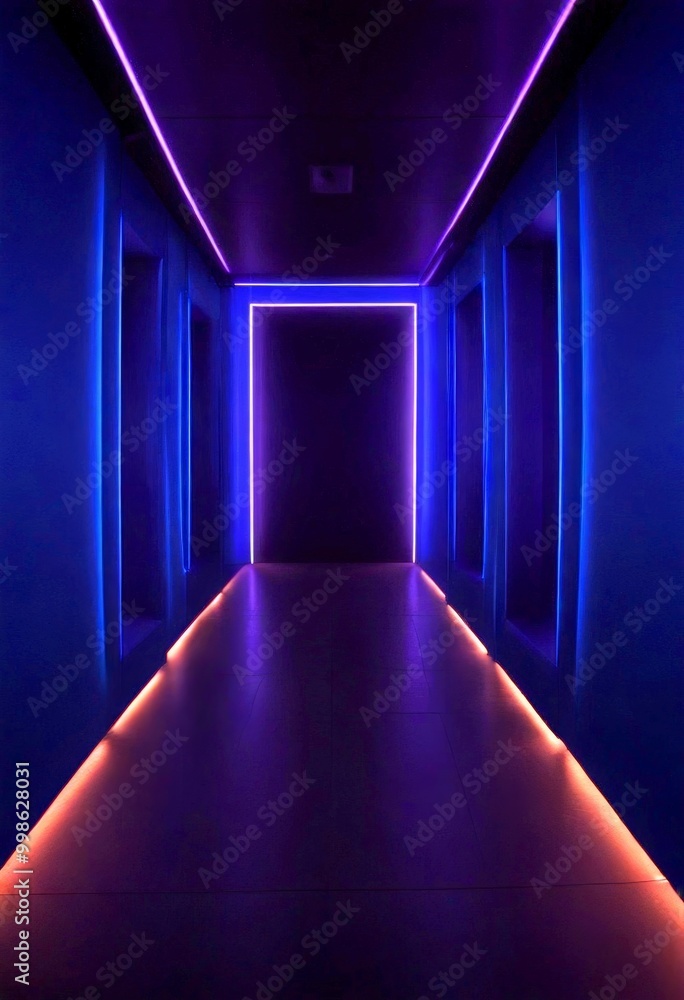 Poster a long, dimly lit corridor with a central doorway, flanked by walls on either side, and illuminated 