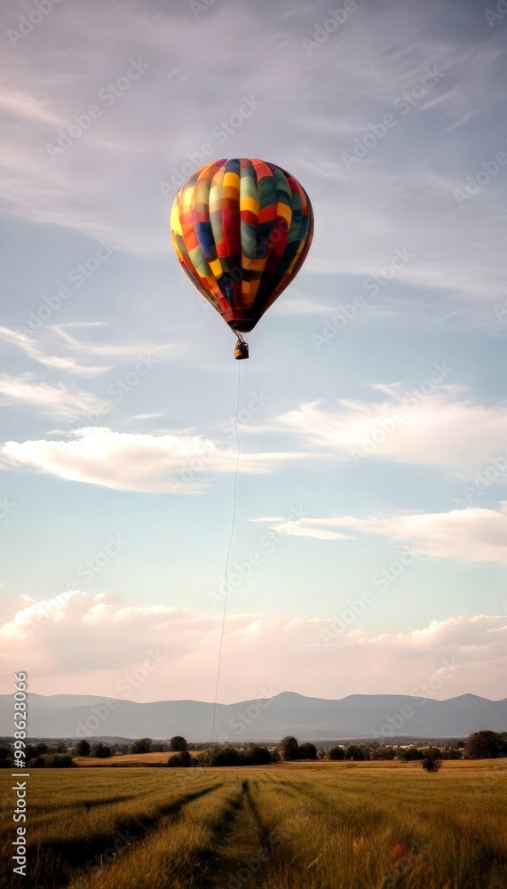 Poster a hot air balloon with a colorful pattern floats in a clear blue sky, tethered to the ground by a lo
