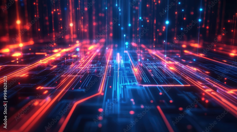 Poster beautiful abstract technology background featuring sleek circuit patterns, glowing lines, and vibran