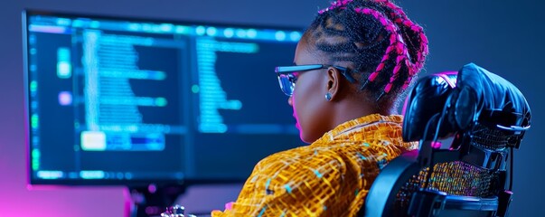 An African American woman in a wheelchair waving at her team during a virtual video call, smiling brightly in a modern home office.
