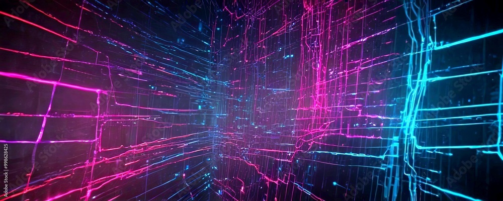 Poster a futuristic, abstract room with a grid-like pattern of glowing lines and lines of color, creating a sense of depth and dimensionality