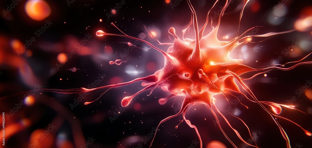 Poster abstract representation of a red neuron against a dark background.