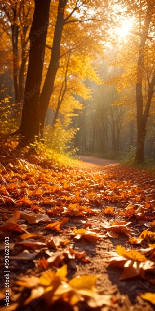 Aufkleber a tranquil autumn scene unfolds as a sunlit path meanders through a forest of trees adorned with vib