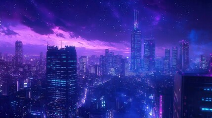 Obraz premium neon cityscape dreamscape vibrant purple and blue hues paint a futuristic skyline blending manga aesthetics with lofi ambiance under a starry night sky