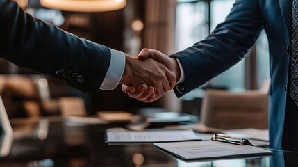 A salesman shaking hands with a client in a sleek boardroom, surrounded by documents and a glass table