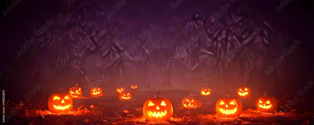 Poster a group of jack-o'-lanterns with glowing eyes and carved faces are scattered across a dark backgroun