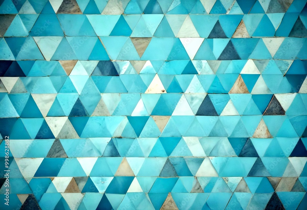 Poster a close-up view mosaic pattern composed of numerous triangular tiles in various shades of blue, gray