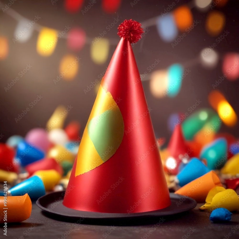 Poster a red party hat with a green and yellow design sits on a black surface, surrounded by colorful confe