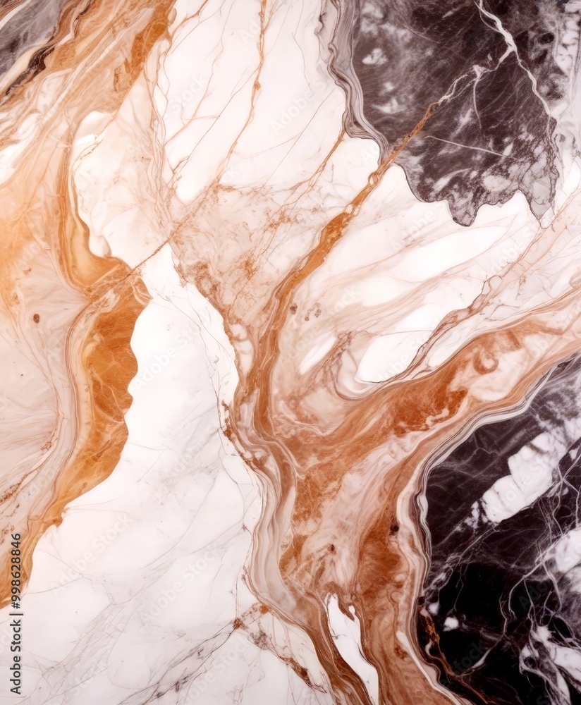 Poster a close-up view marble surface with a swirling pattern of light and dark brown hues, creating a sense of movement and depth